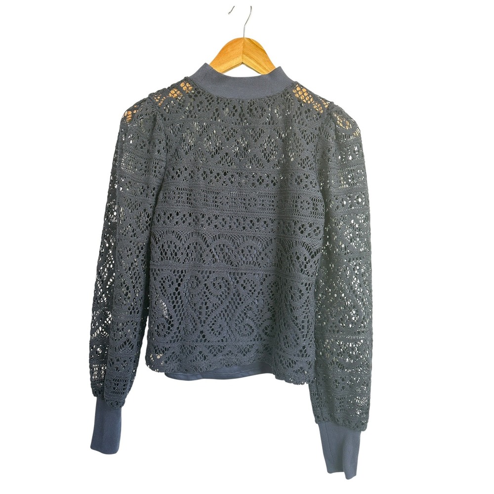 1.STATE Lace Top Blue Mock Neck Crochet Long Sleeve Romantic Victorian XS